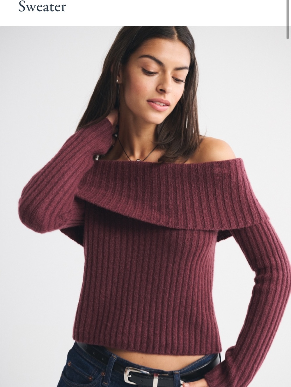 Abercrombie & Fitch Off-the-Shoulder Ribbed Sweater in Wine